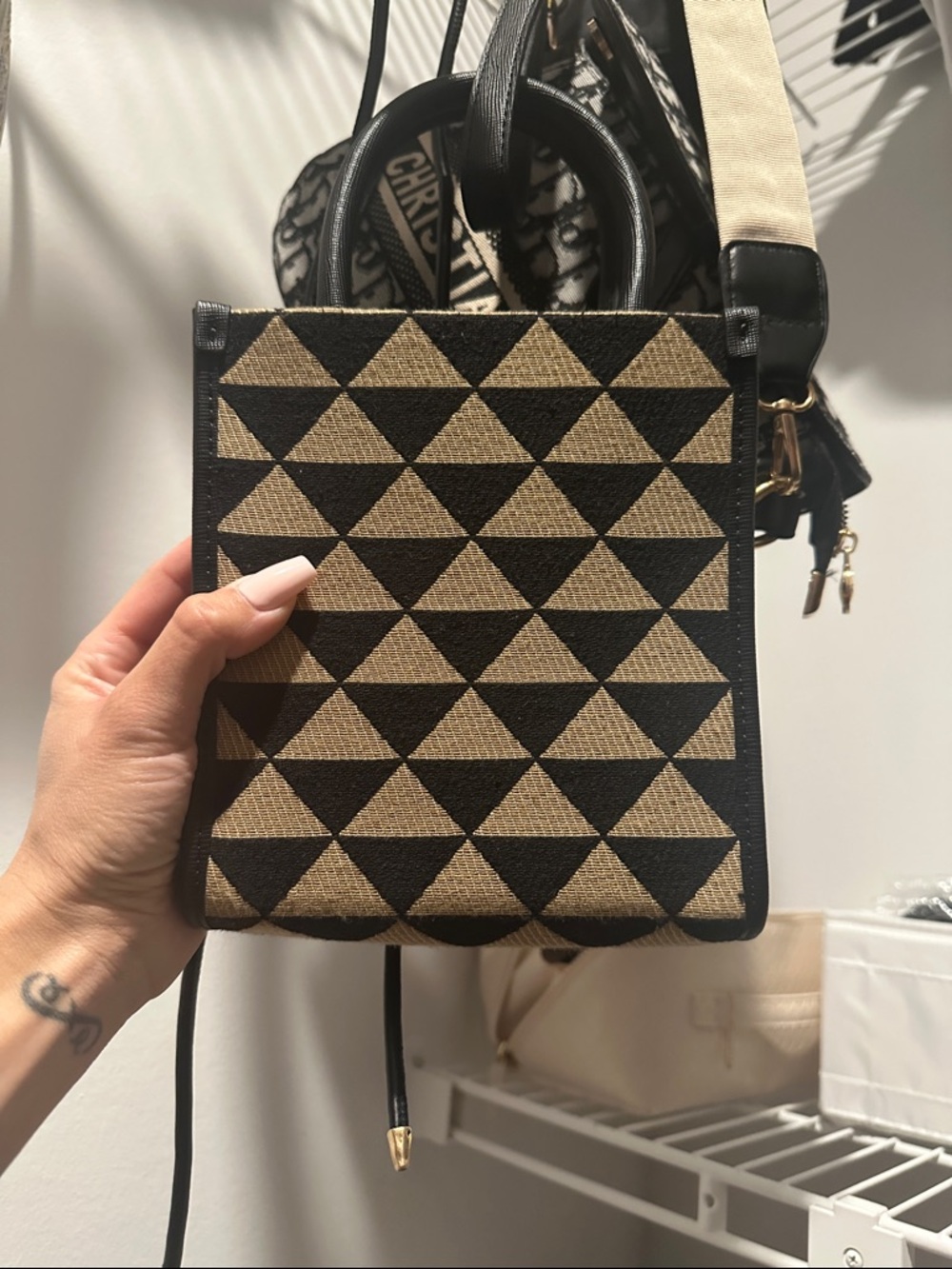 Triangle Pattern Black and Tan Crossbody Bag